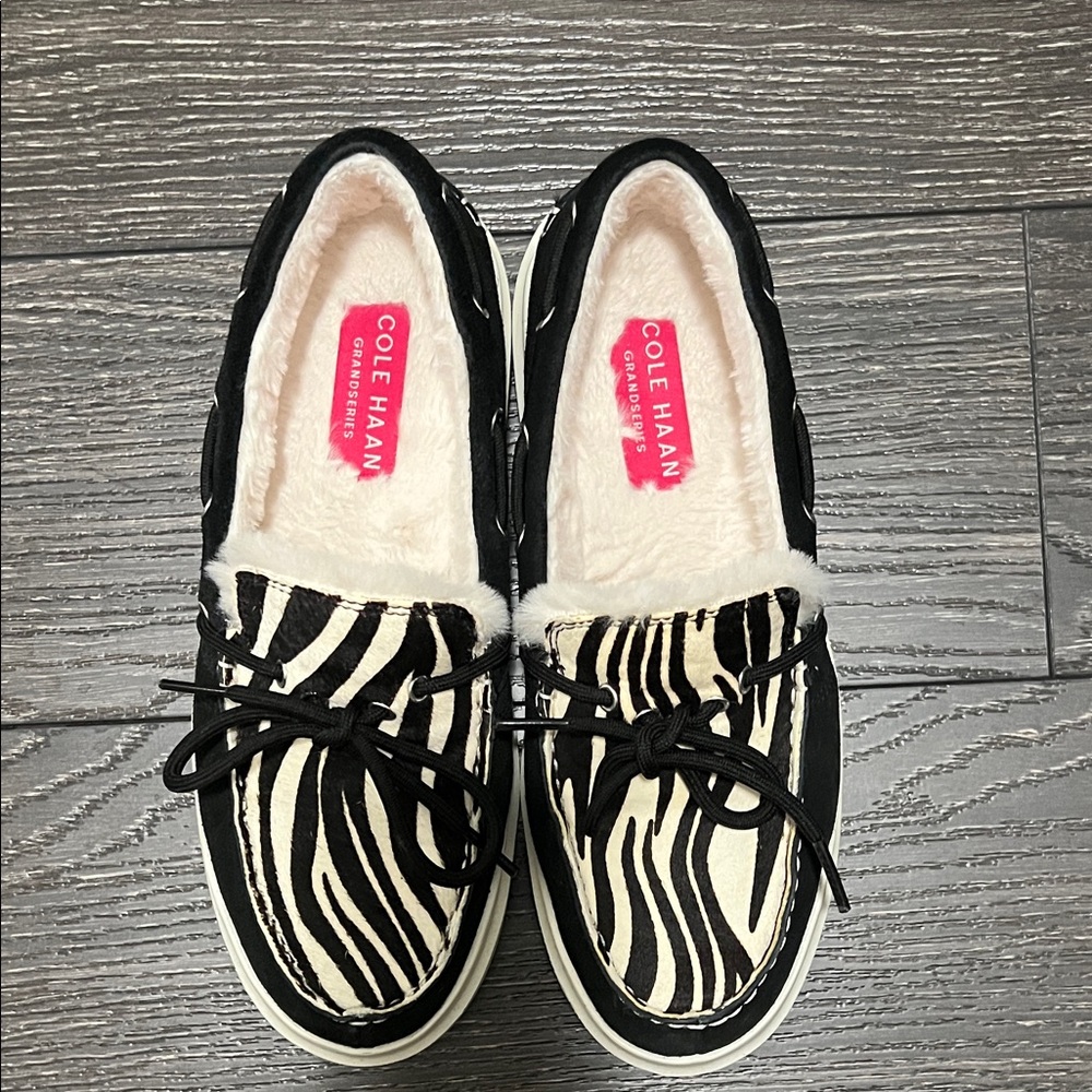 Cole Haan GrandPro Rally Black Suede & Zebra Hair-On Leather Moccasins Size 6.5B
